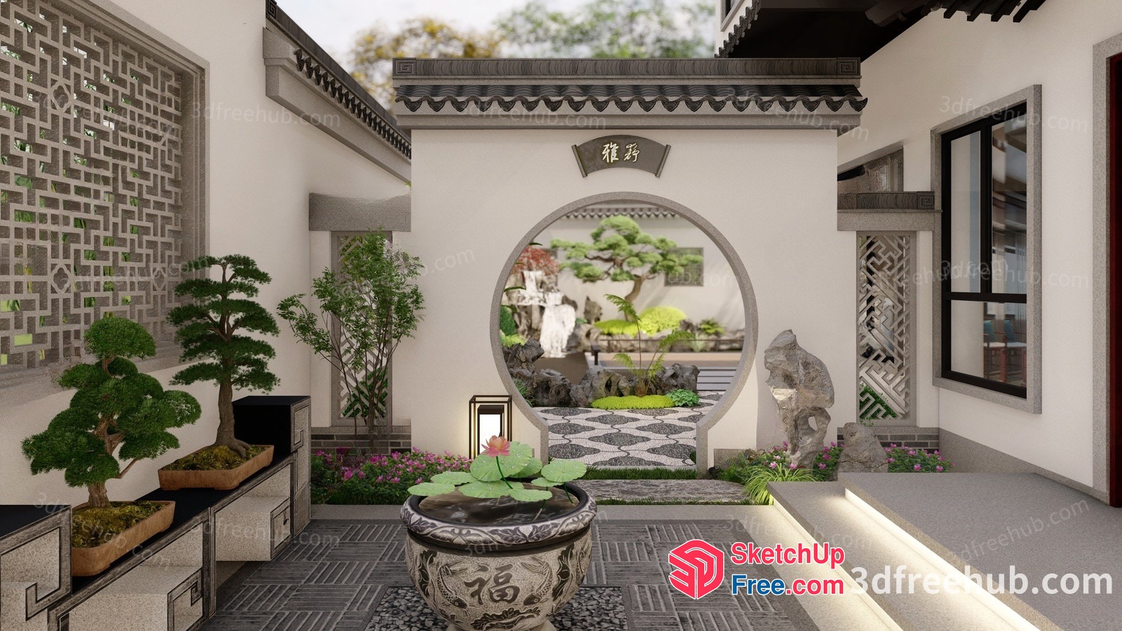 Traditional Chinese Courtyard With Water Feature 3D SketchUp File