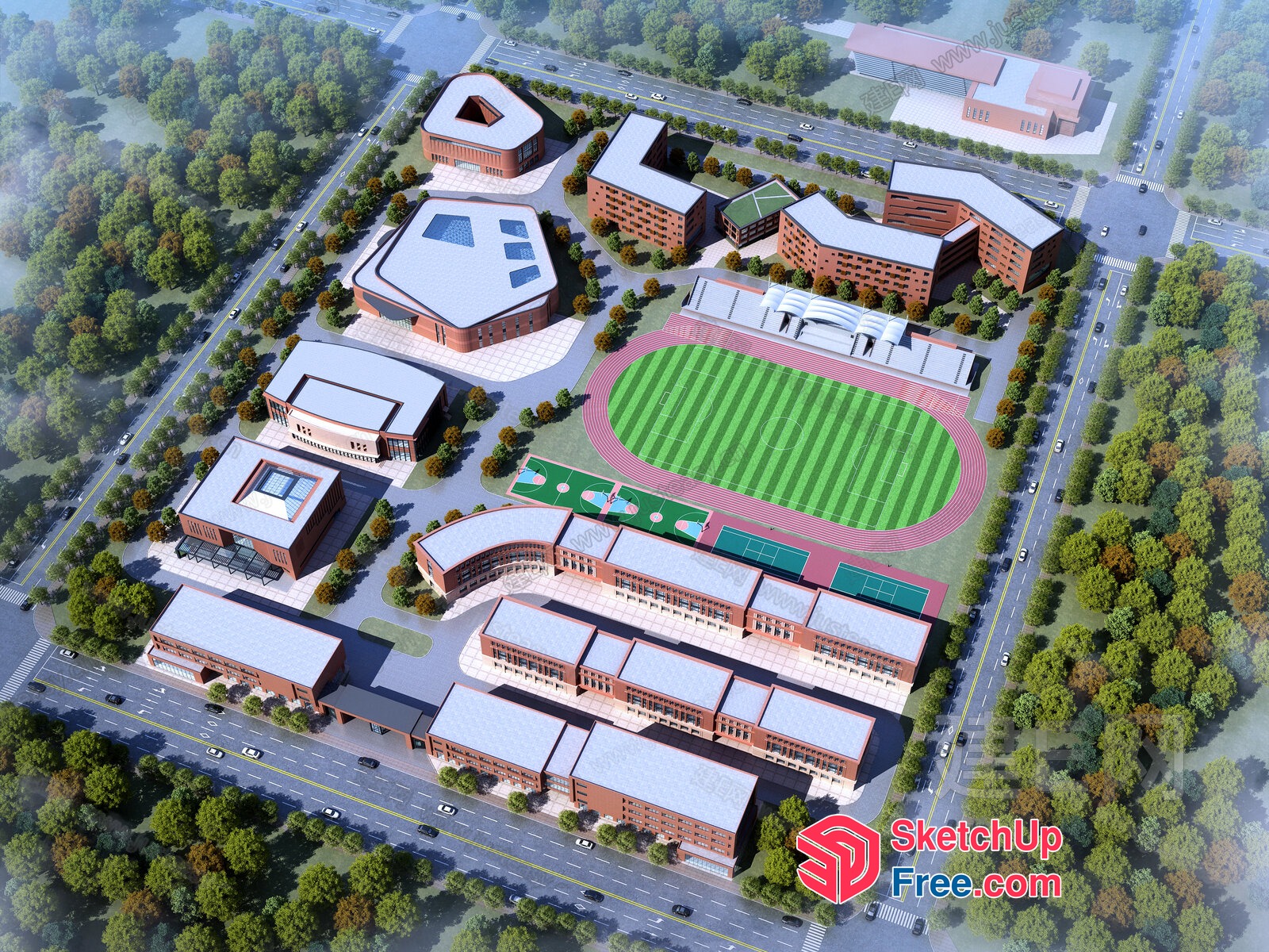 Modern School Campus With Sports Facilities And Green Spaces 3D SketchUp File