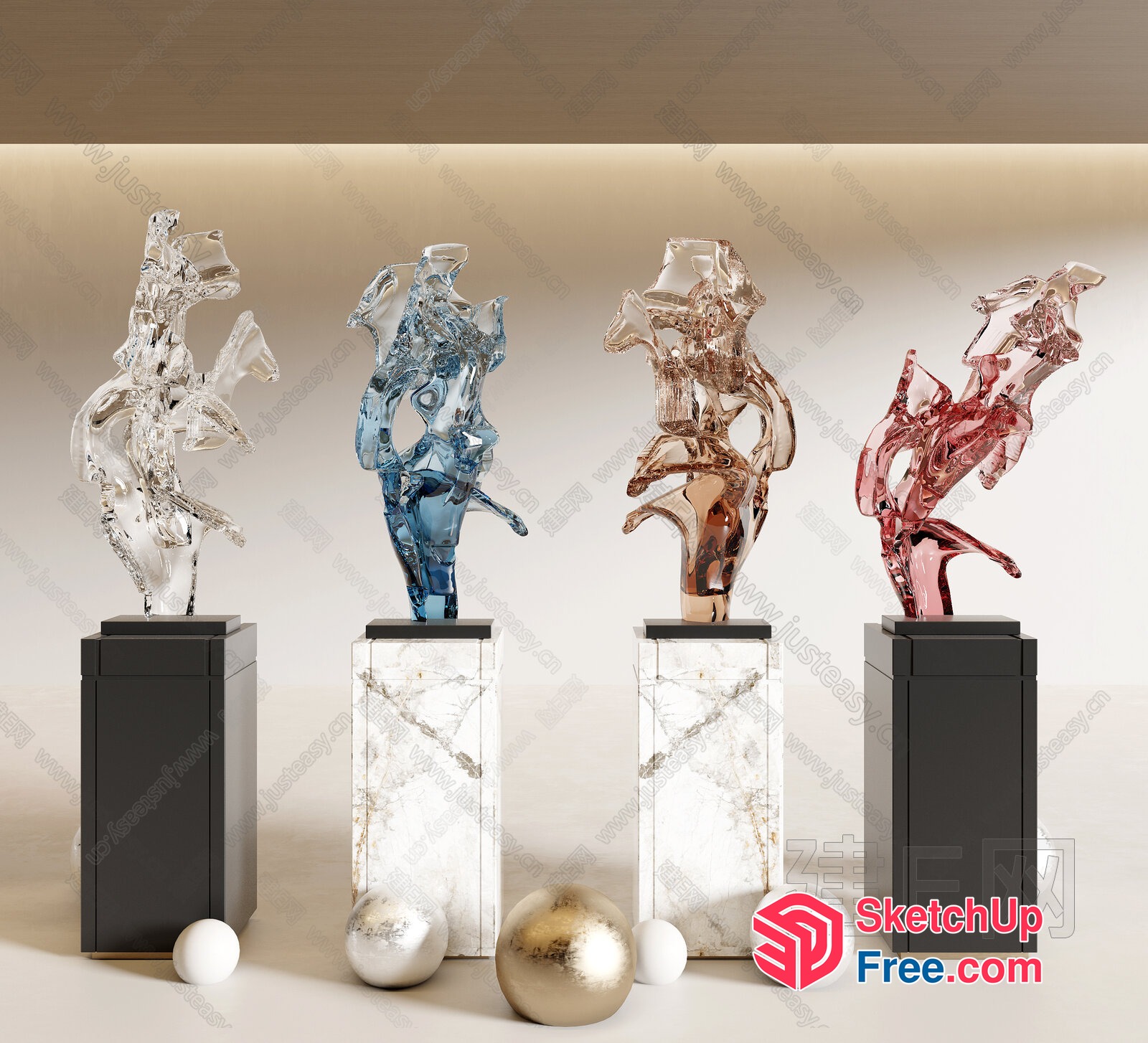 Four Elegant Glass Sculptures On Marble Pedestals 3D SketchUp File