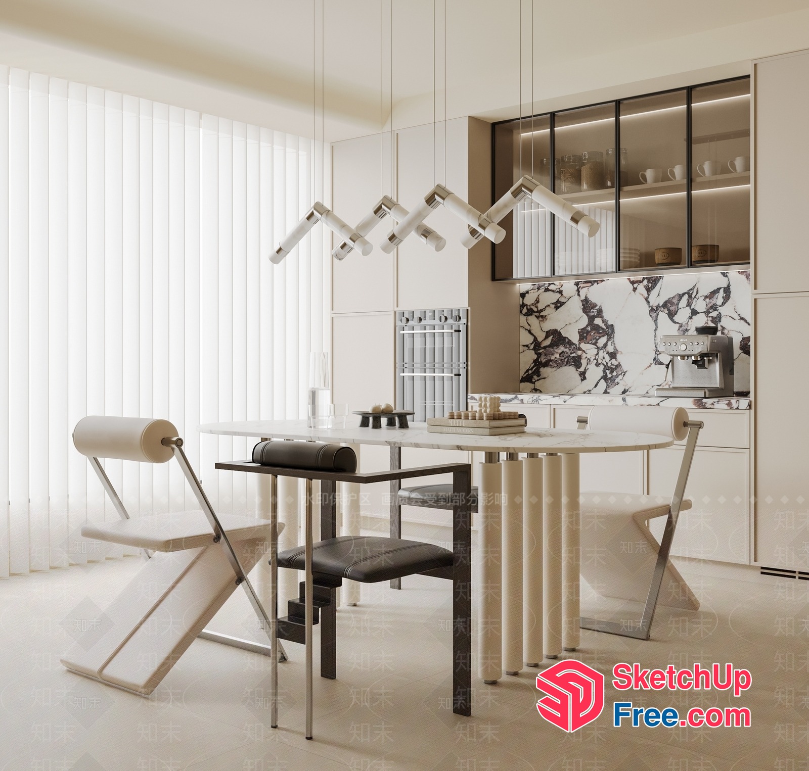 Modern Minimalist White Dining Room With Marble Accents 3D SketchUp File