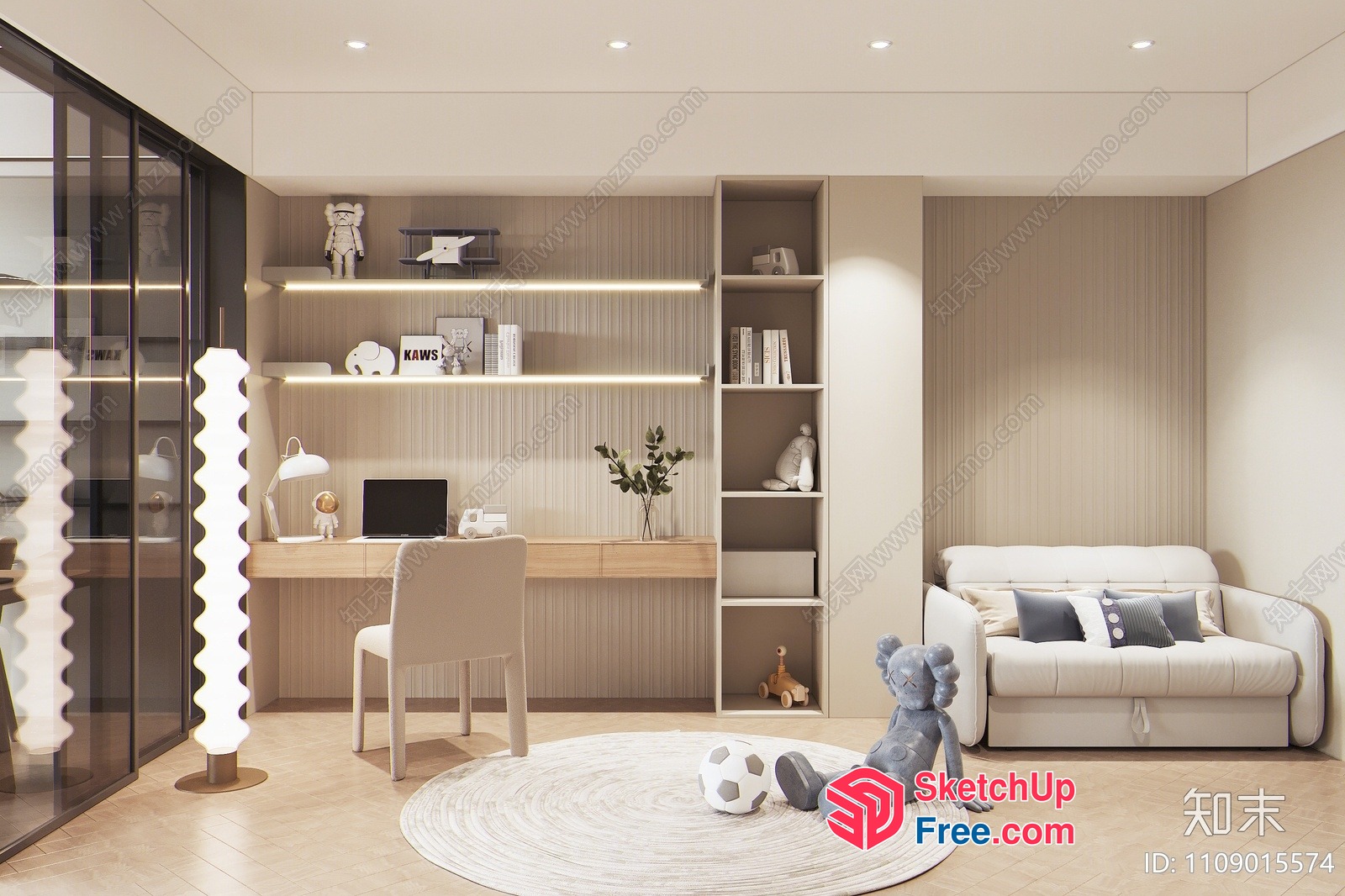 Minimalist Japanese-Style Home Office With Light Wood Accents 3D SketchUp File