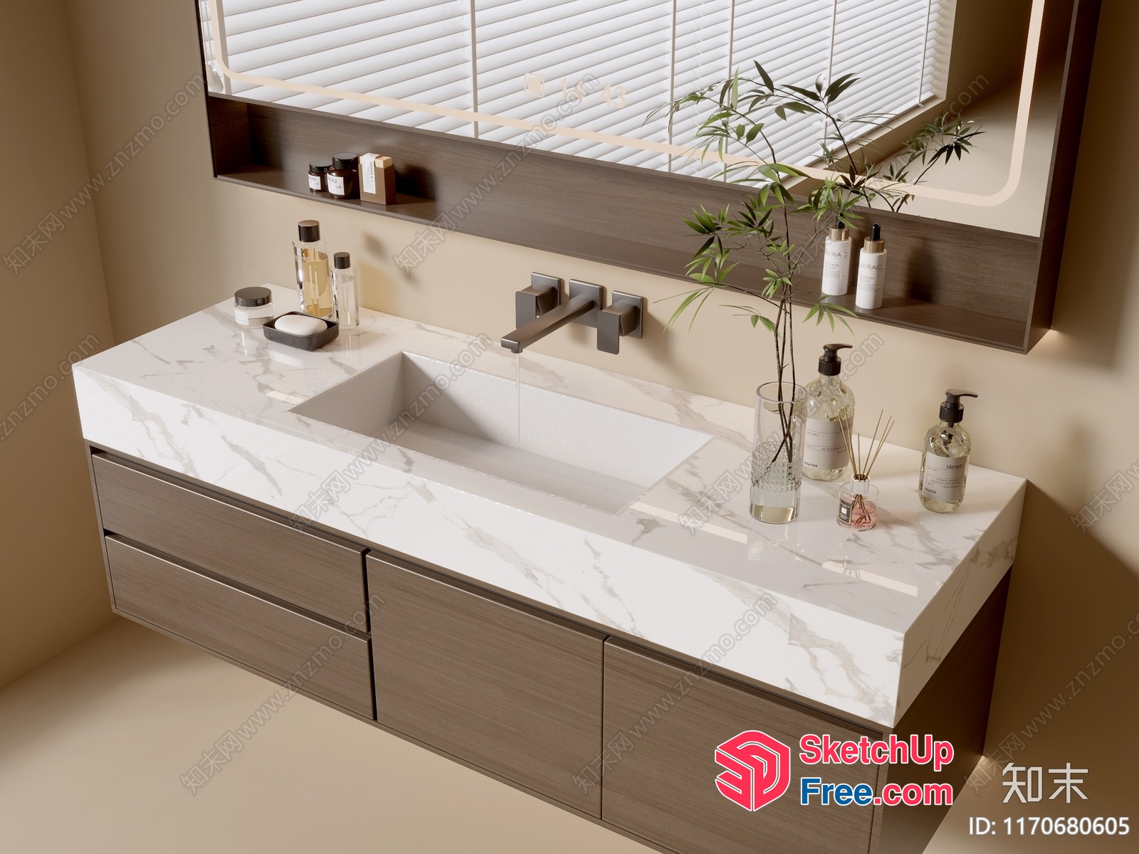 Modern Bathroom With White Marble Countertop And Wooden Cabinets 3D SketchUp File