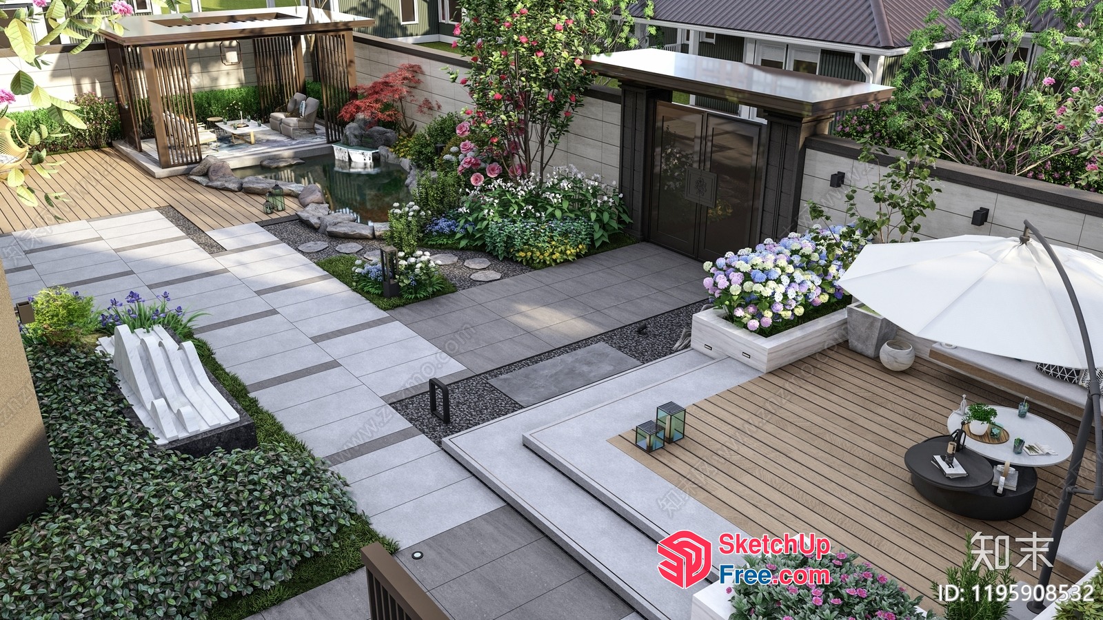 Modern Japanese-Style Garden With Elegant Outdoor Furniture And Serene Water Features 3D SketchUp File
