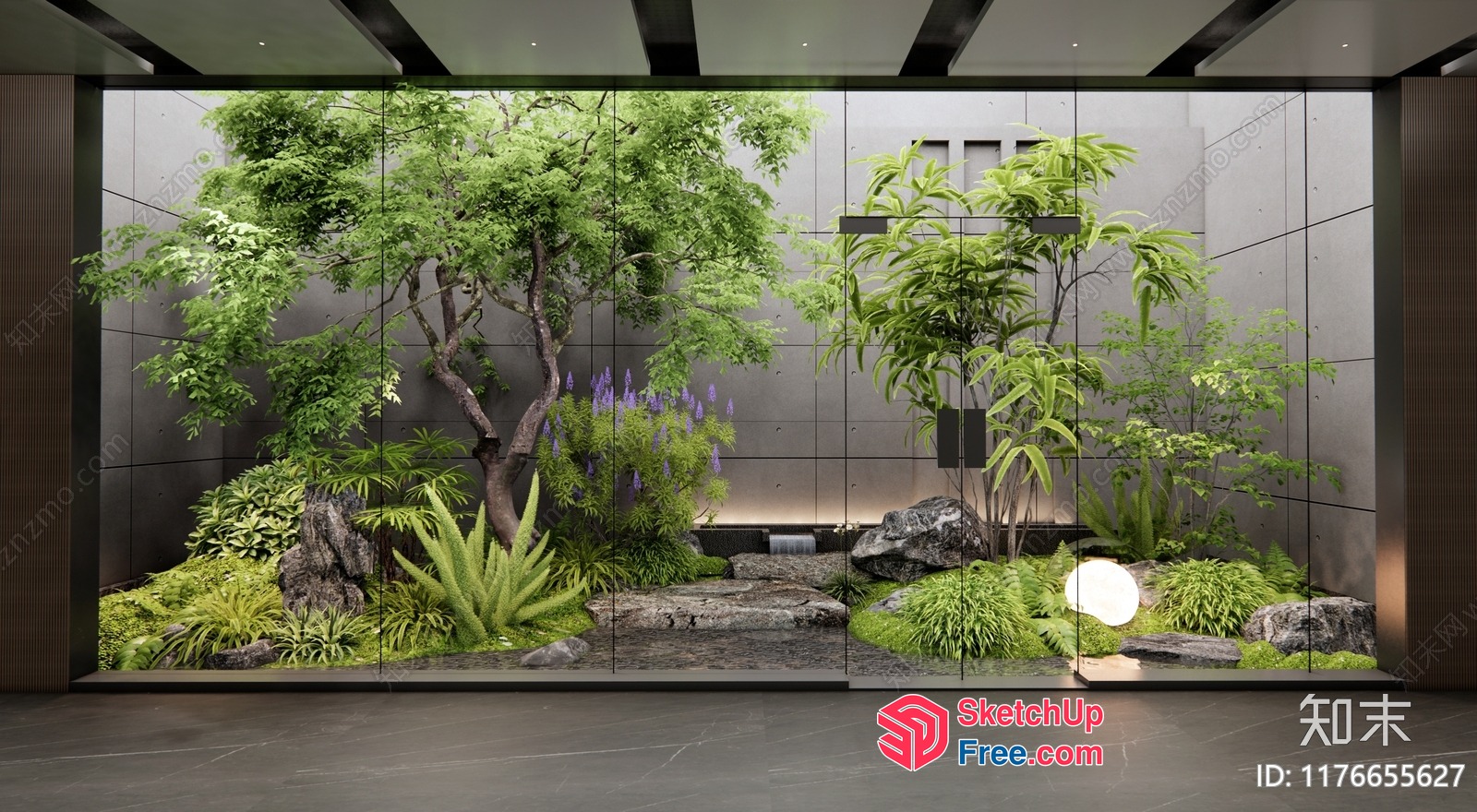 Modern Glass Curtain Wall With Lush Greenery And Natural Stones 3D SketchUp File