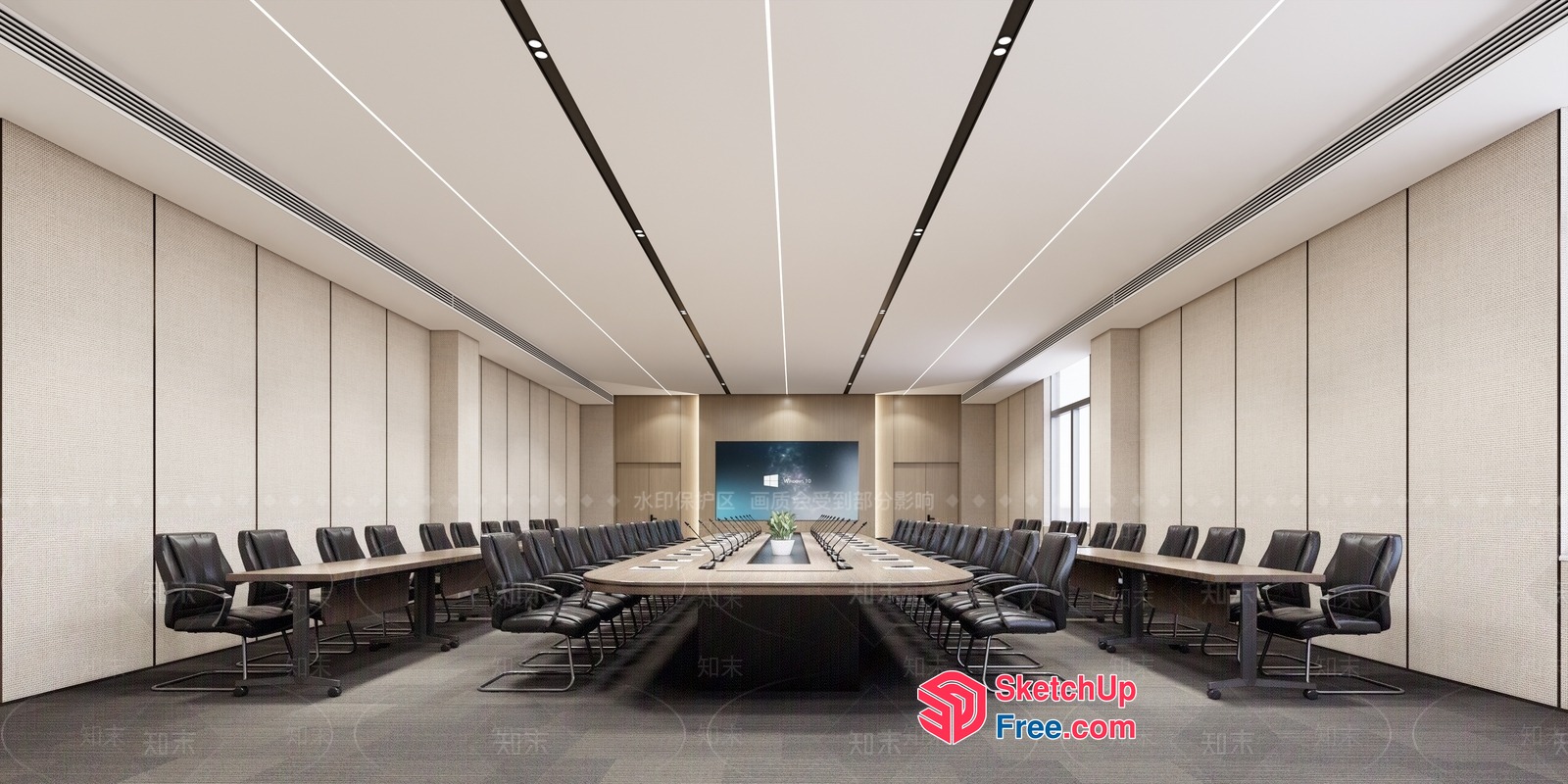 Long Conference Table With Black Chairs And White Ceiling 3D SketchUp File