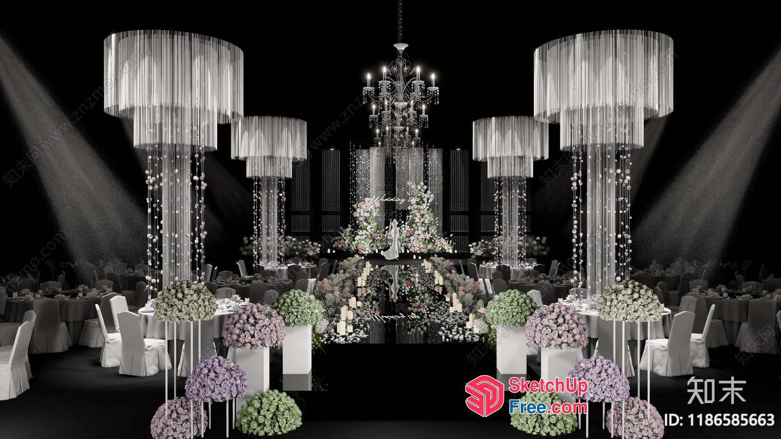 Elegant Floral Decorations And Tables In A Formal Ballroom 3D SketchUp File