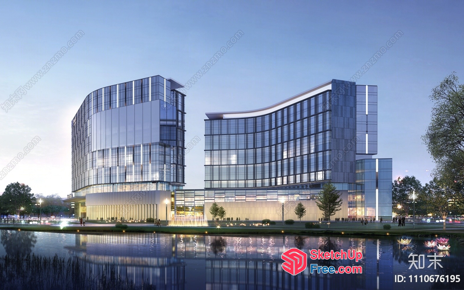 Glass Curtain Wall Office Building By A Pond 3D SketchUp File