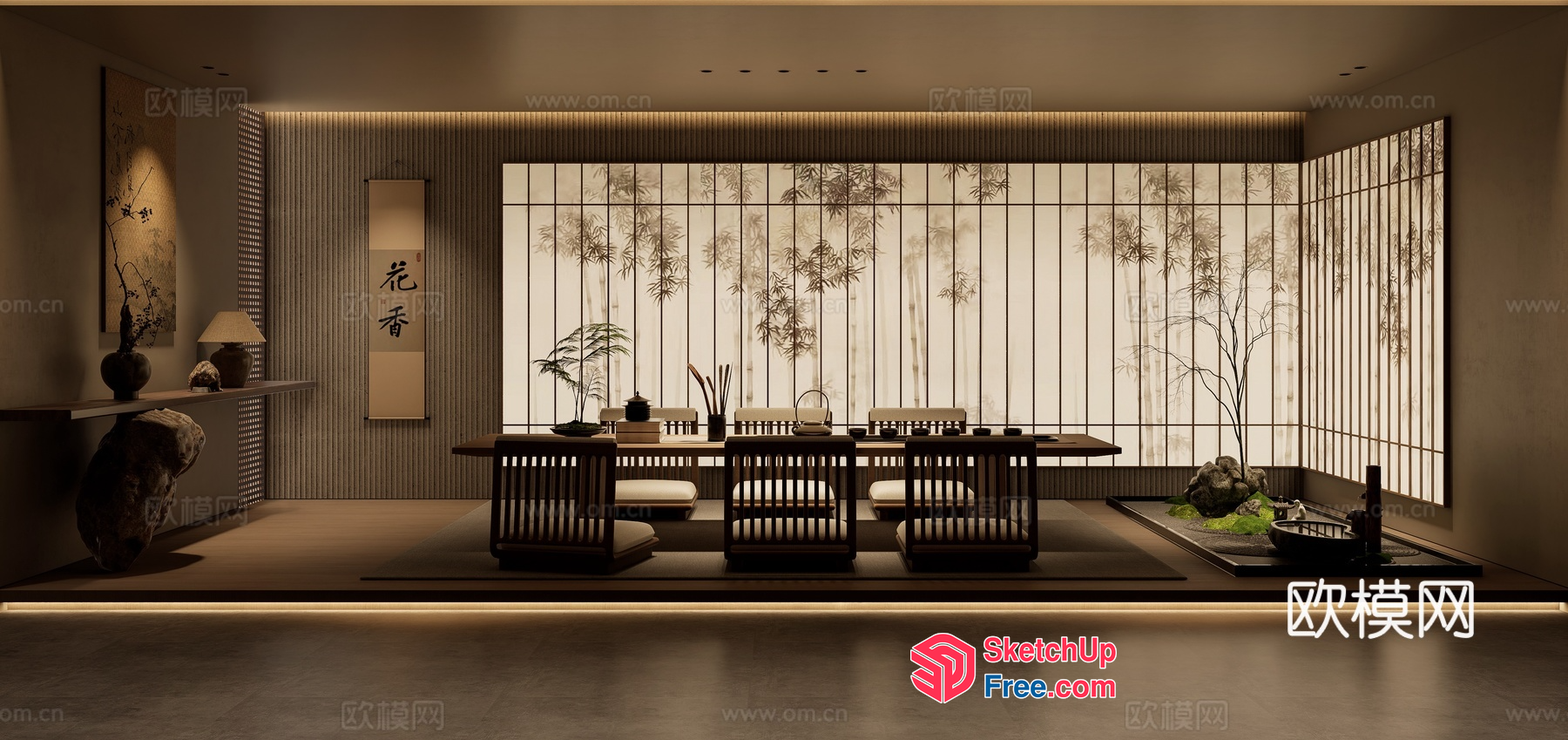 Elegant Asian-Inspired Dining Room With Natural Elements 3D SketchUp File