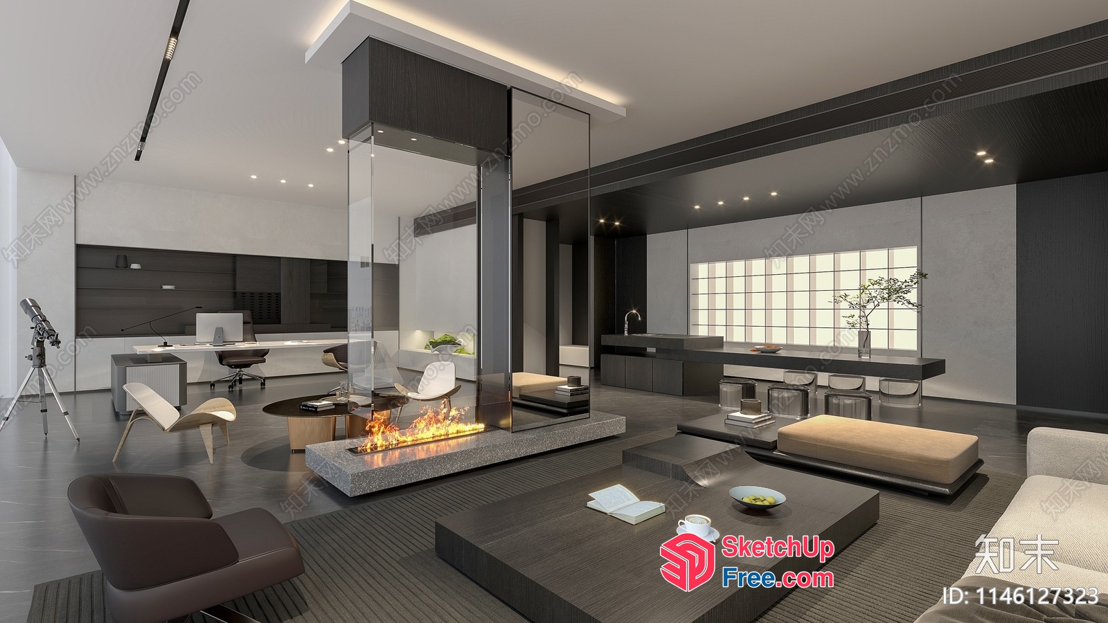 Modern Office Space With Fireplace And Glass Wall 3D SketchUp File