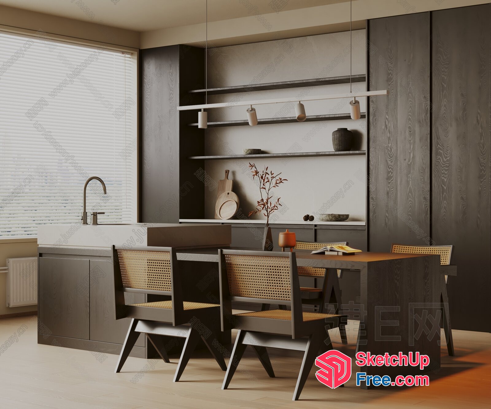 Modern Minimalist Kitchen With Wooden Table And Chairs 3D SketchUp File