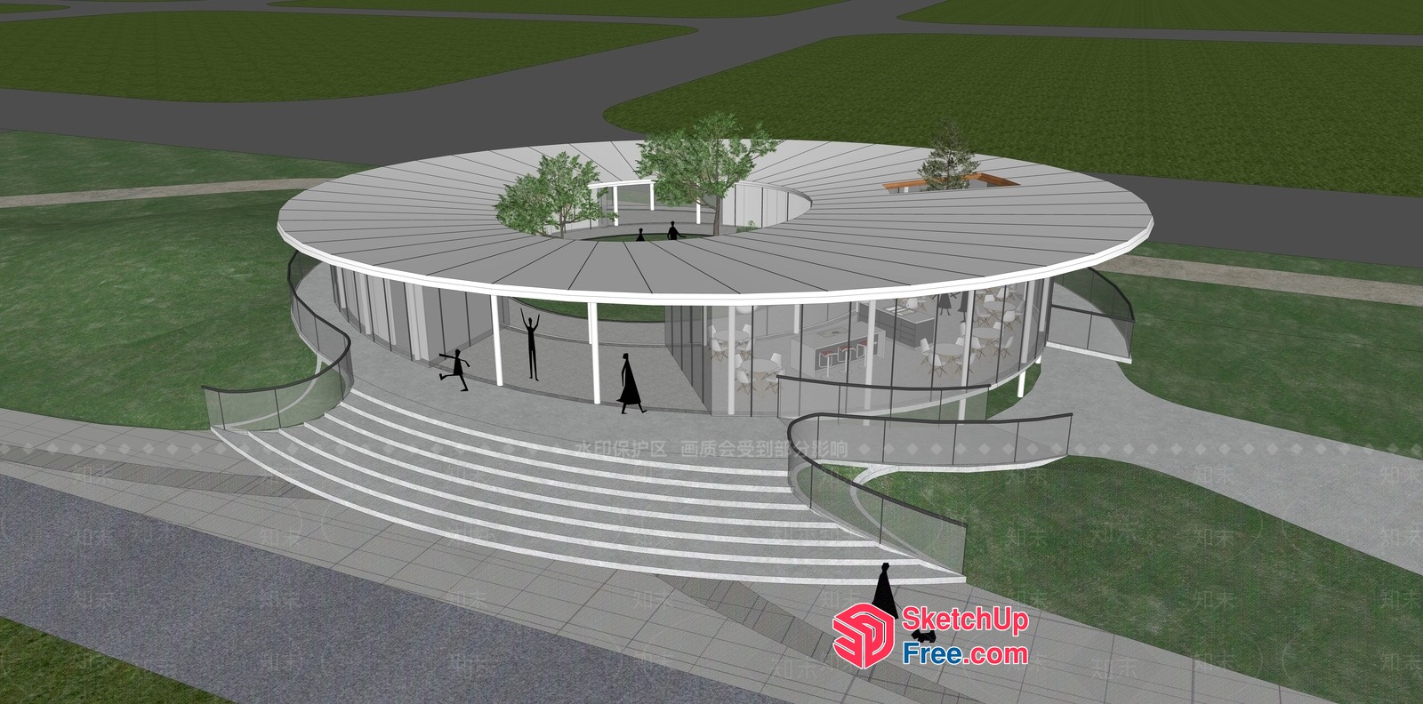 Modern Circular Building With Glass Facade And Curved Staircase 3D SketchUp File