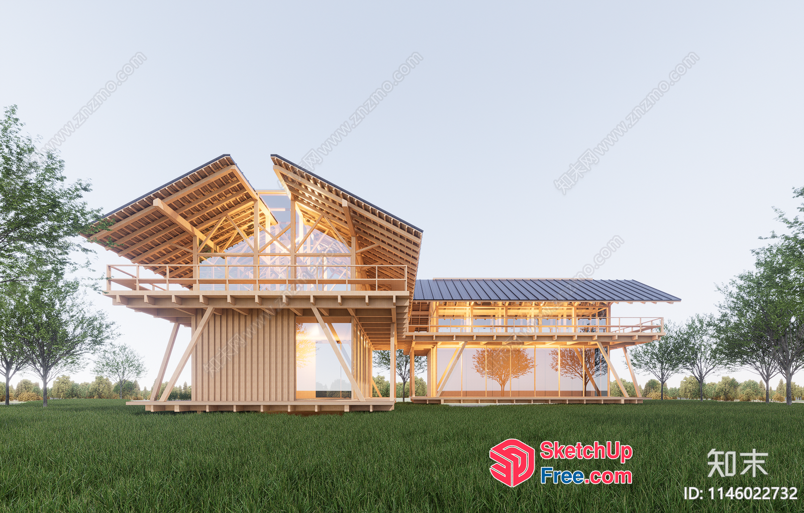 Modern Wooden House With Glass Walls And Rooftop Balconies 3D SketchUp File