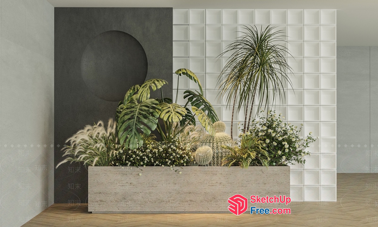 Luxurious Tropical Interior With Glass Brick And Planters 3D SketchUp File
