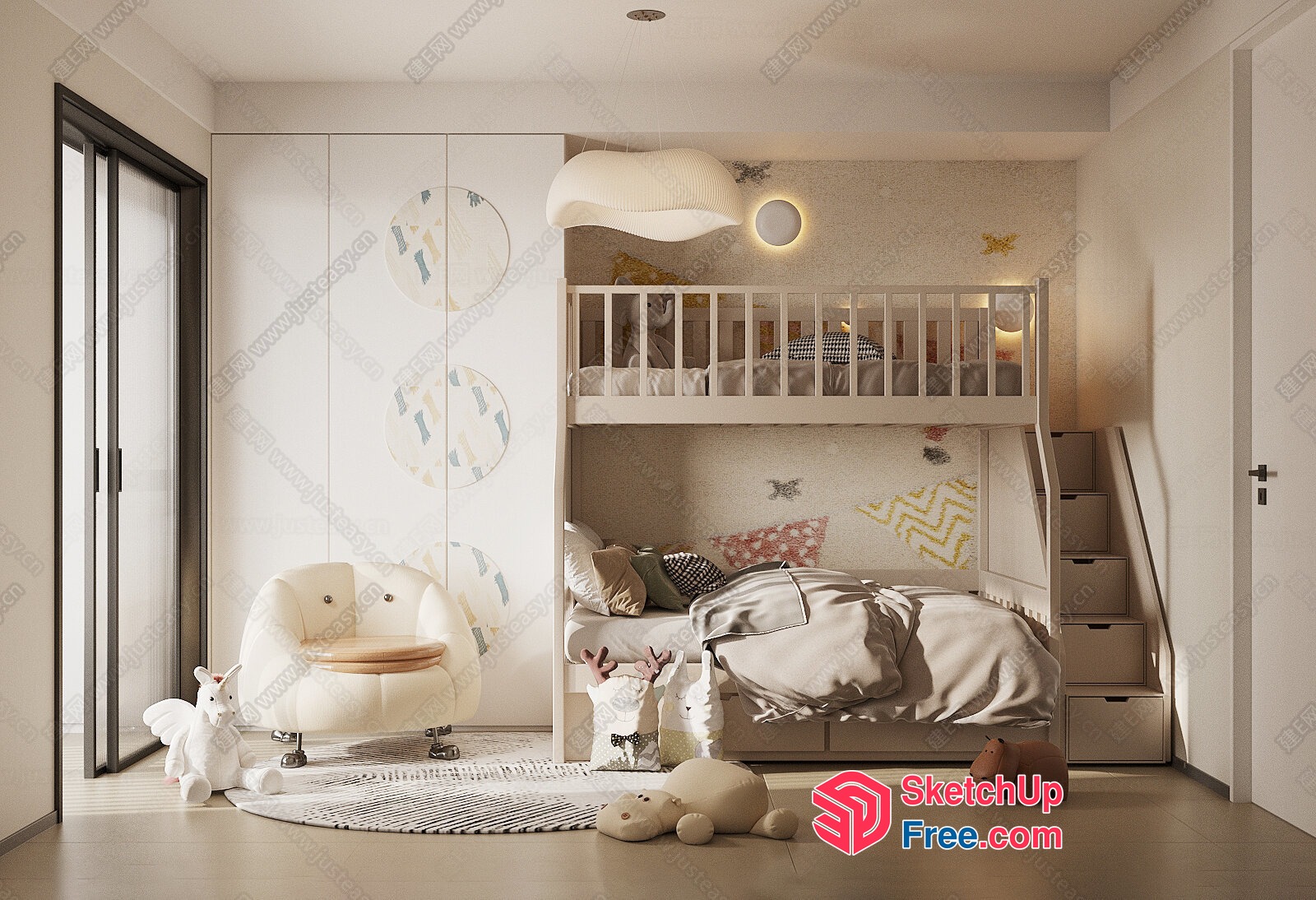 Modern White And Creamy Style Children'S Bedroom Interior 3D SketchUp File