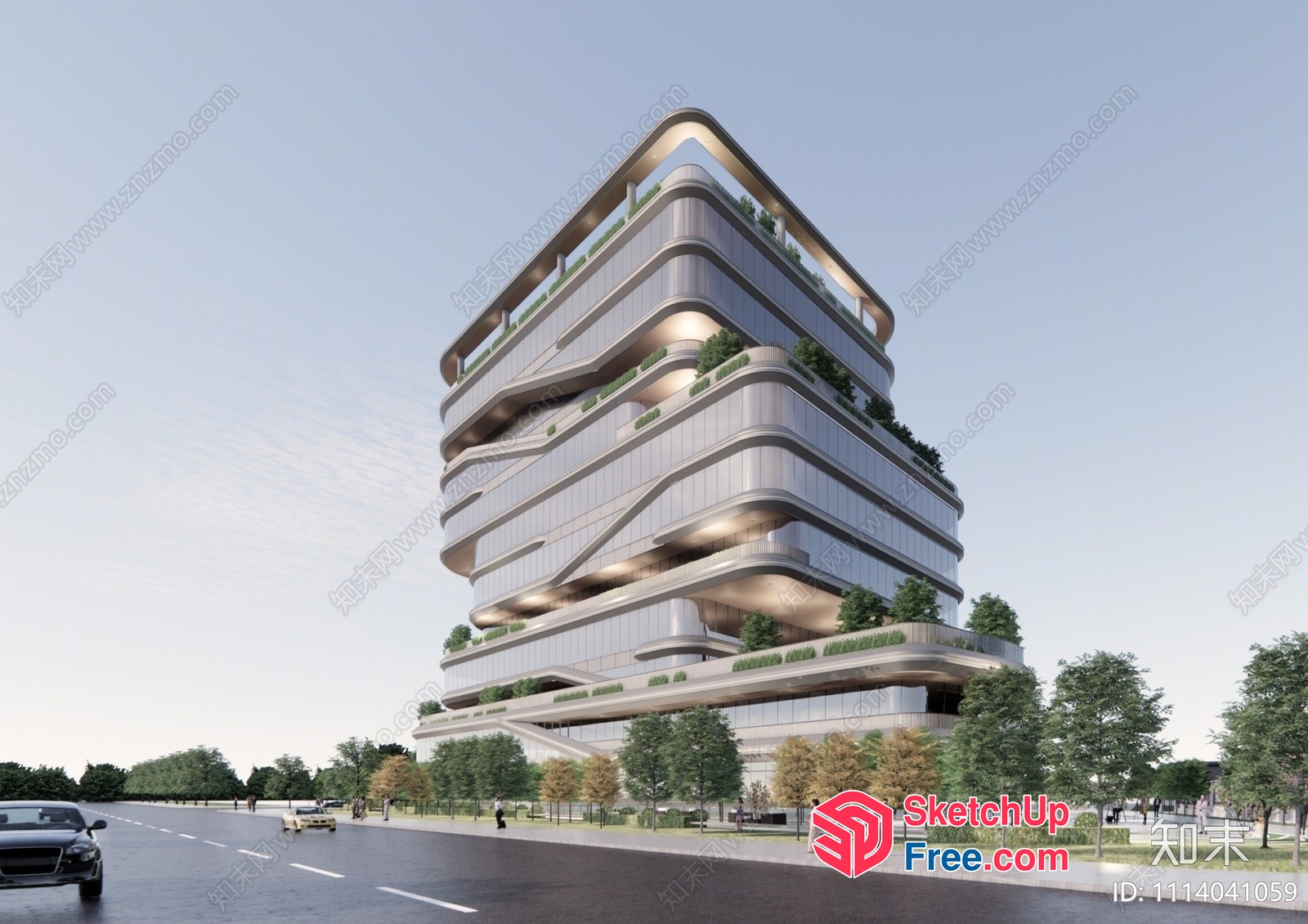Modern Office Building With Curved Balconies And Glass Curtain Wall 3D SketchUp File