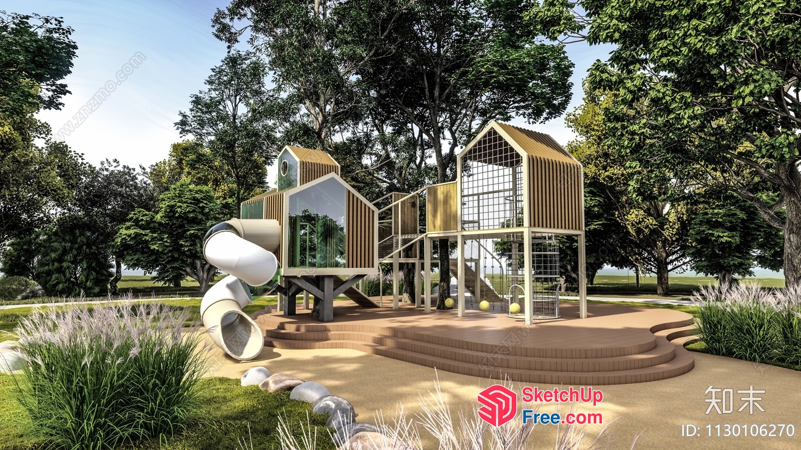 Modern Glass And Wood Playground Structure 3D SketchUp File