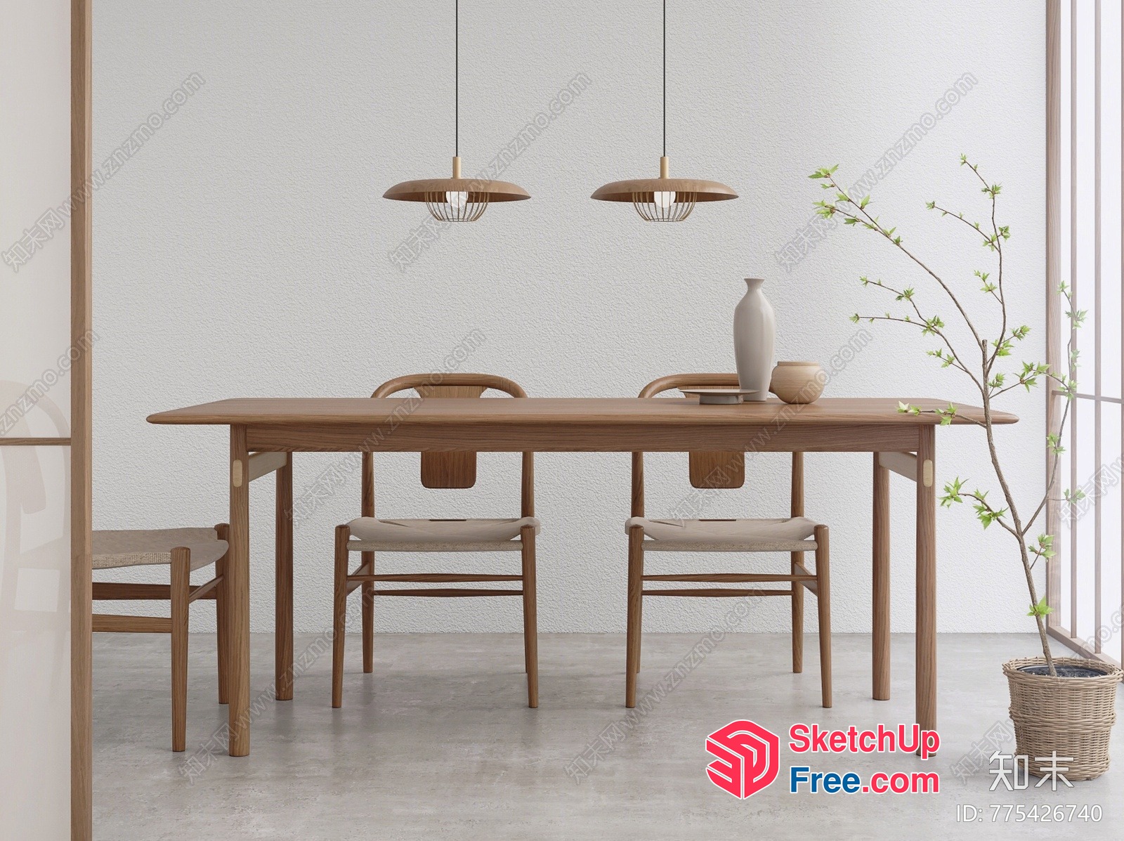 Minimalist Dining Room With Light Wood Furniture And Plants 3D SketchUp File