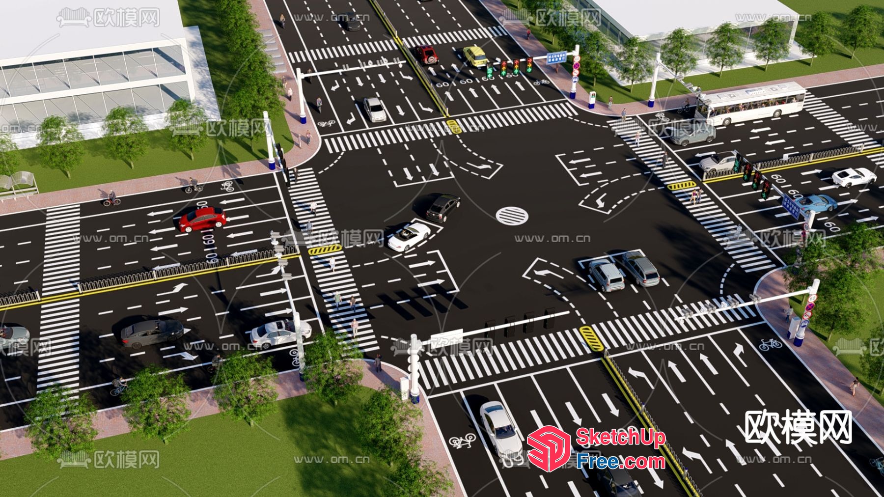 City Intersection With Pedestrian Crossing 3D SketchUp File