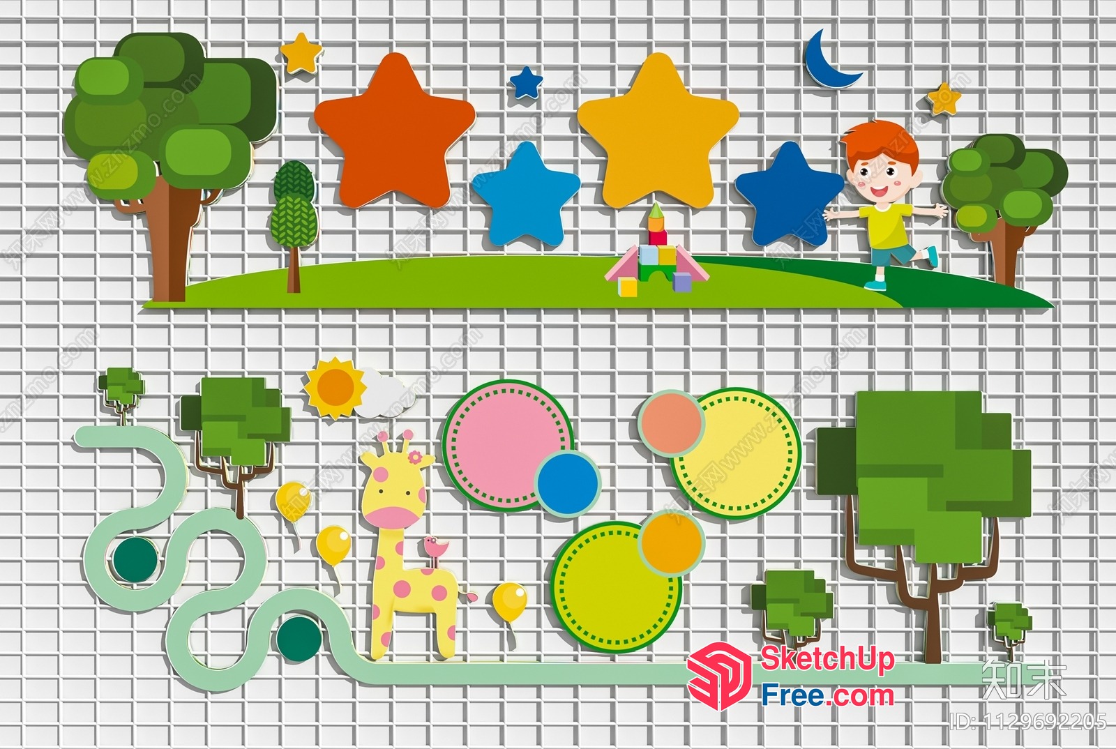 Colorful Cartoon Landscape With Trees And Animals 3D SketchUp File