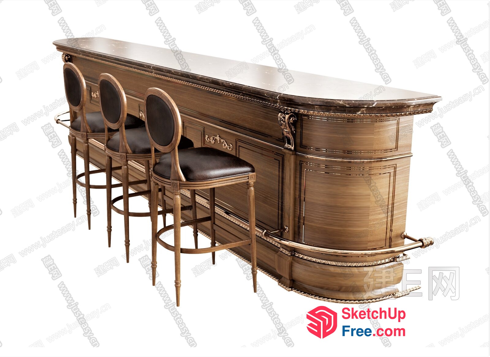 Elegant Bar With Ornate Woodwork And Leather Stools 3D SketchUp File