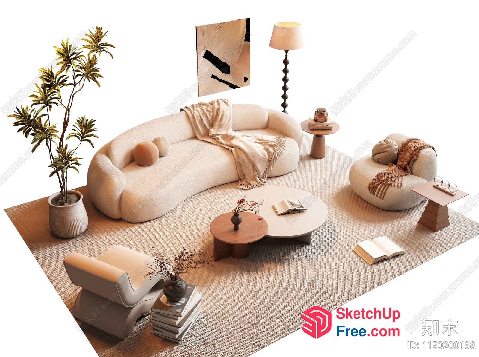 Modern Creamy Style Living Room With Unique Furniture And Decor 3D SketchUp File