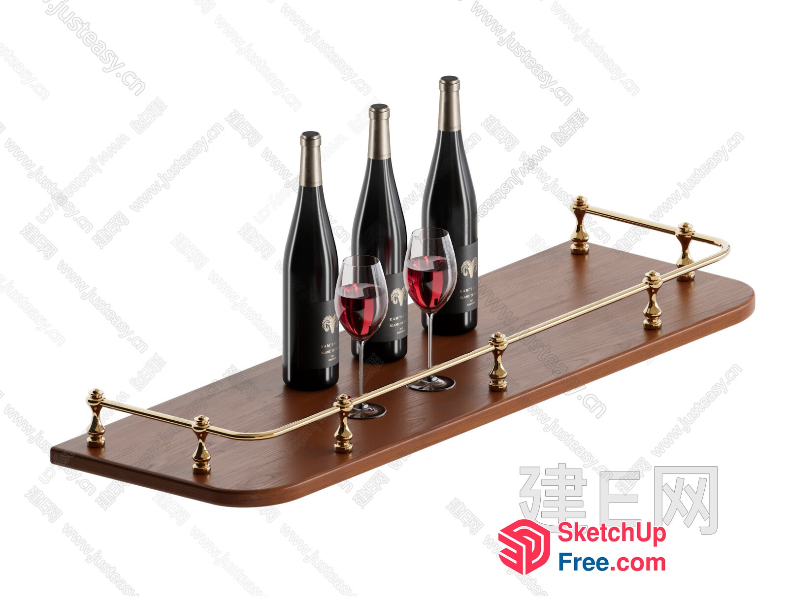Wine Bottles And Glasses On A Wooden Tray With Gold Railing 3D SketchUp File