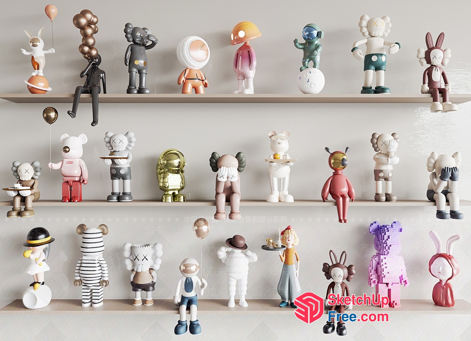Colorful Modern Art Figurines On Display Shelves 3D SketchUp File