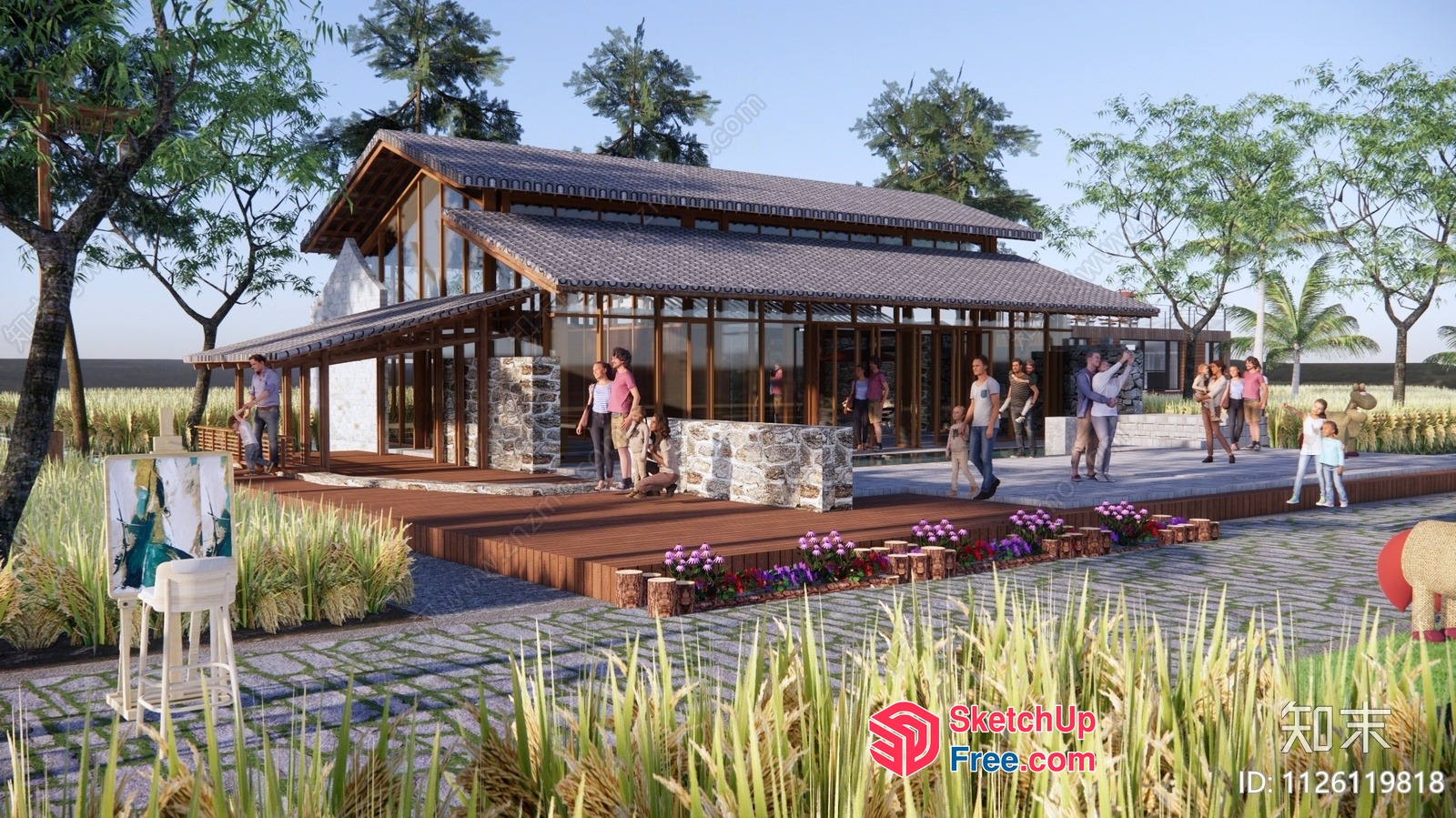 Modern Asian Style House With Elegant Roof And Lush Greenery 3D SketchUp File