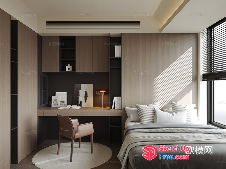 Modern Minimalist Bedroom With Desk And Bookcase 3D SketchUp File