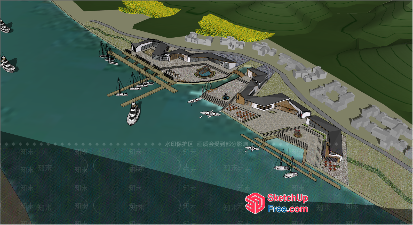 Waterfront Commercial District With Marina And Shops 3D SketchUp File