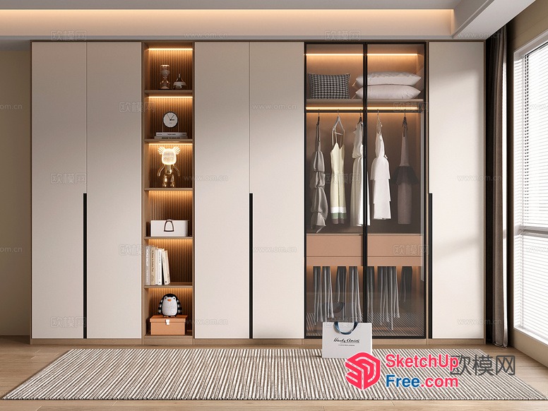 Modern White Wardrobe With Glass Doors And Built-In Shelving 3D SketchUp File