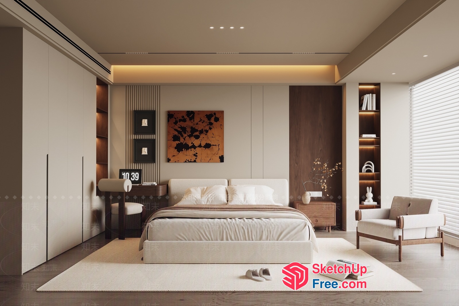 Modern Minimalist Bedroom With Creamy Style Furniture 3D SketchUp File