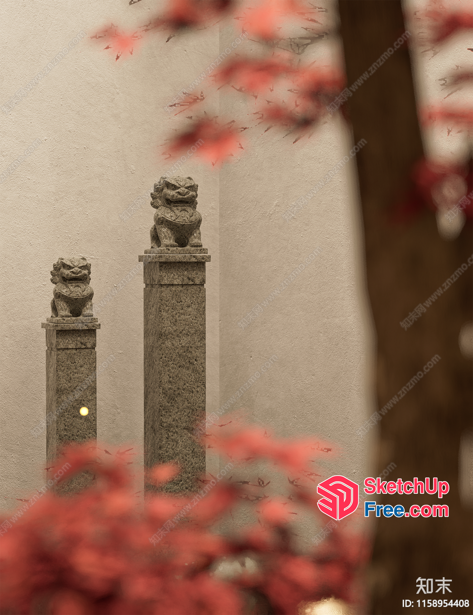 Pillars With Statues And Blurred Red Leaves 3D SketchUp File
