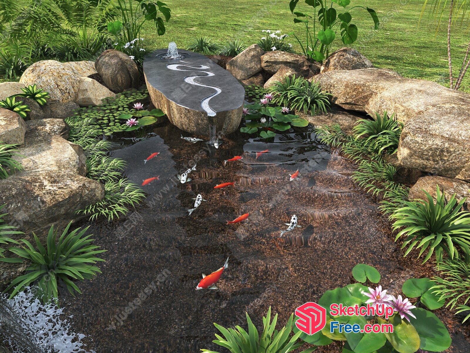 Serene Pond Oasis With Waterfall And Koi Fish 3D SketchUp File