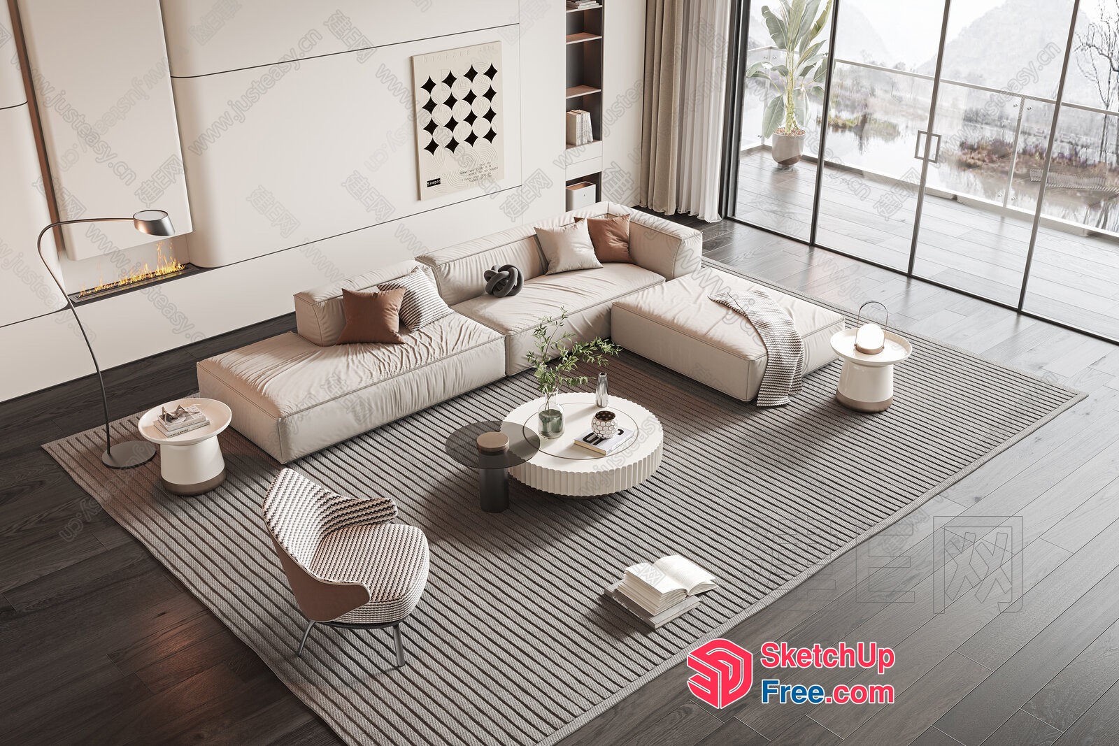 Modern Minimalist Living Room With Striped Rug And Fireplace 3D SketchUp File