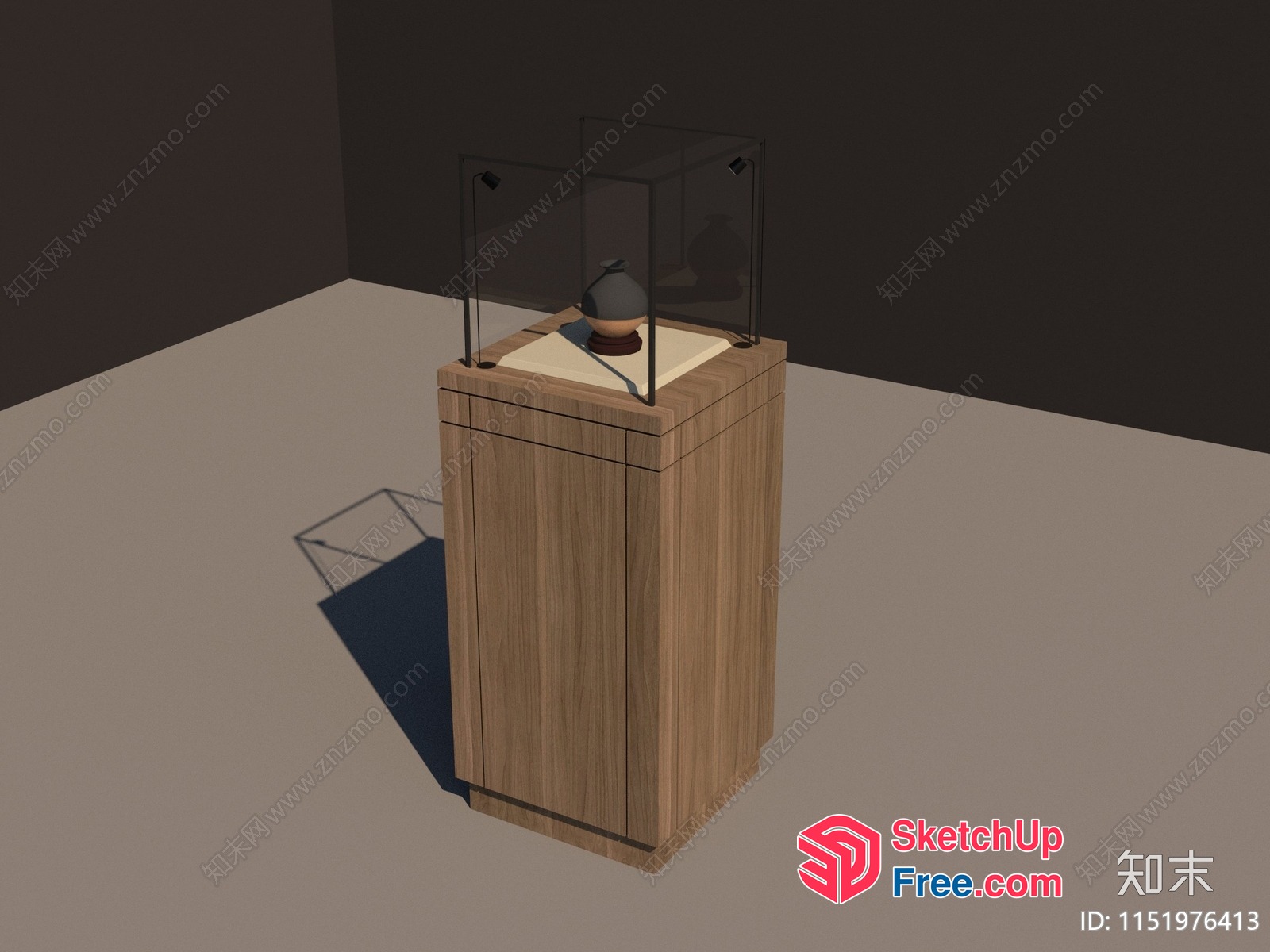 Museum Display Case With Glass And Wood Pedestal 3D SketchUp File