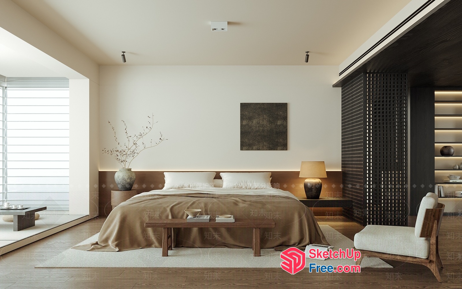 Modern Japanese-Inspired Bedroom With Neutral Color Palette 3D SketchUp File