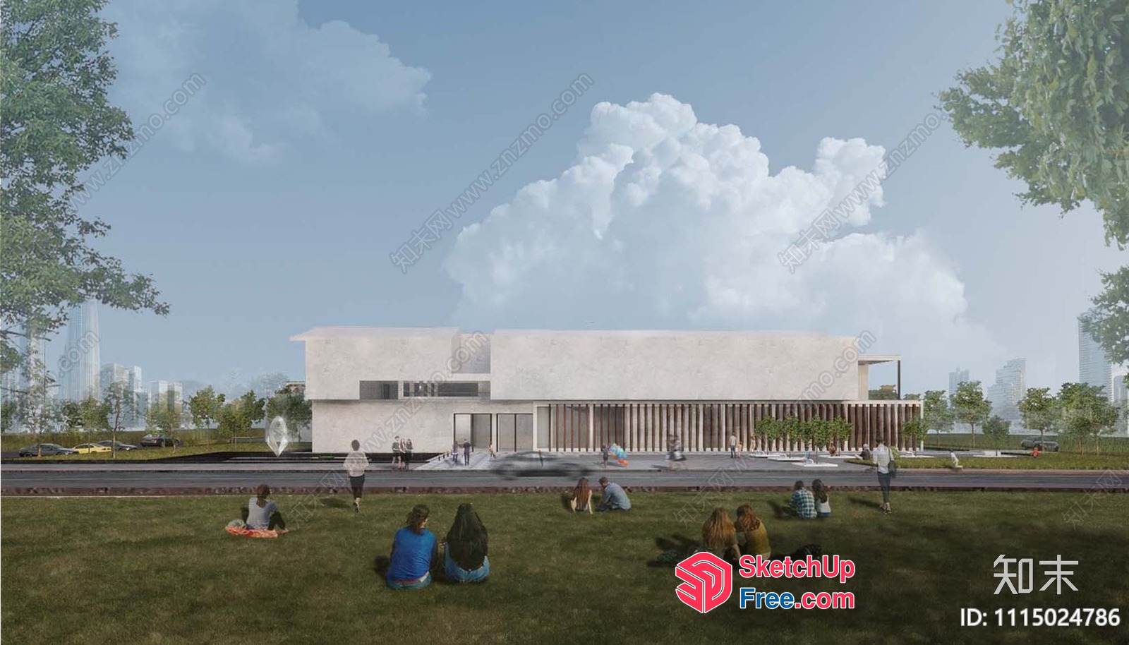 Modern Exterior Building With People And Trees 3D SketchUp File