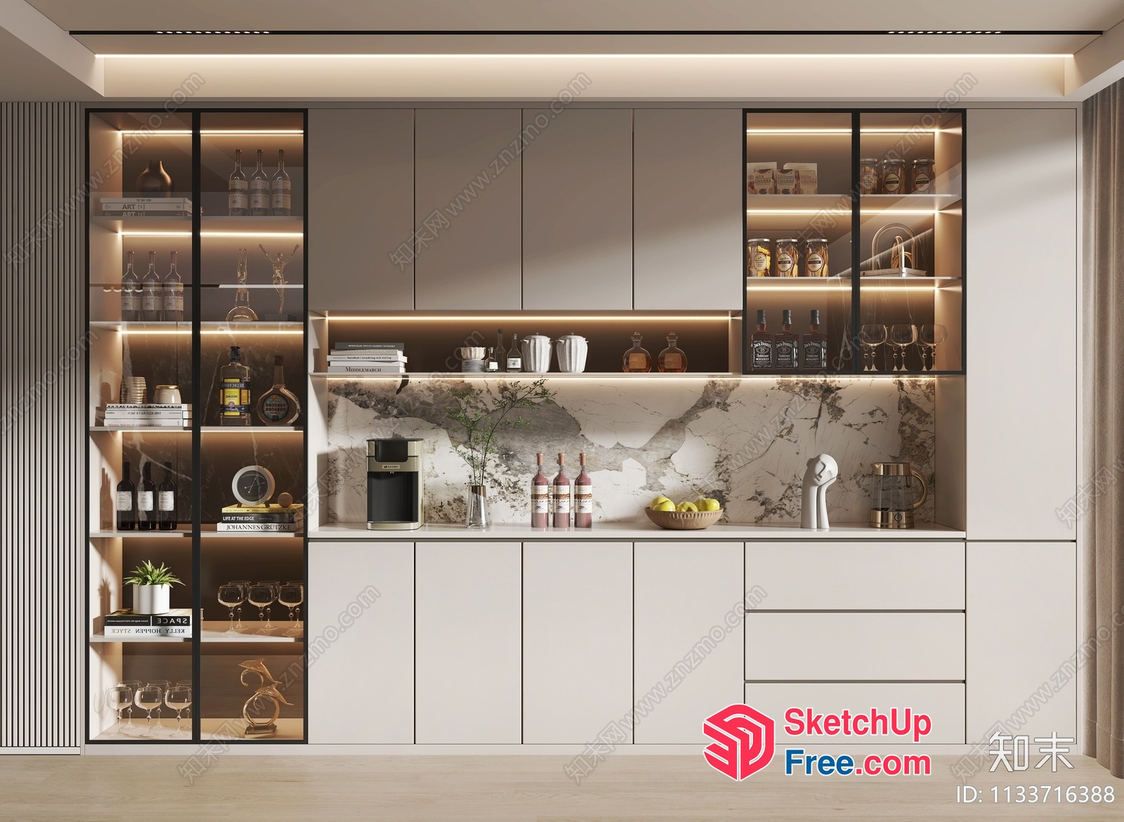 Modern White Kitchen With Marble Backsplash And Glass Shelves 3D SketchUp File