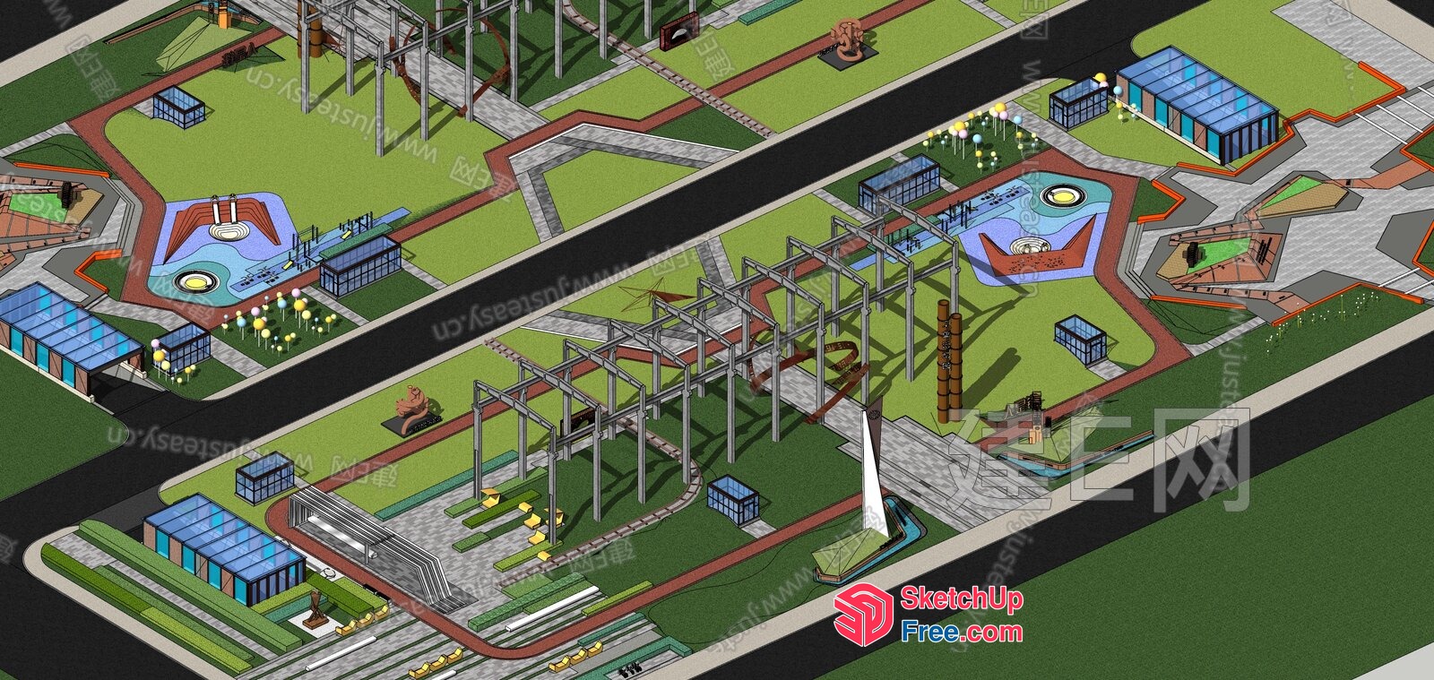 Modern Industrial Park With Commercial Street And Green Spaces 3D SketchUp File