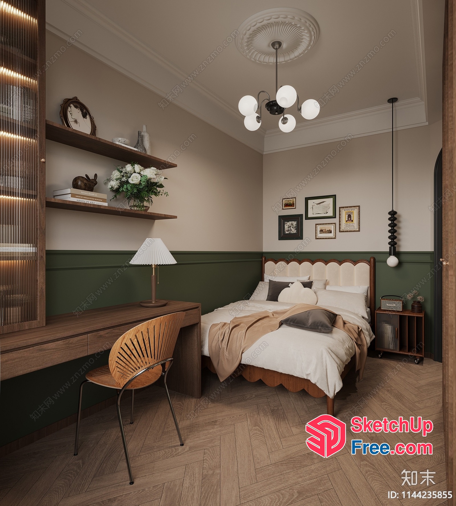 Cozy Modern Bedroom With Creamy Style Bed And Green Accent Wall 3D SketchUp File