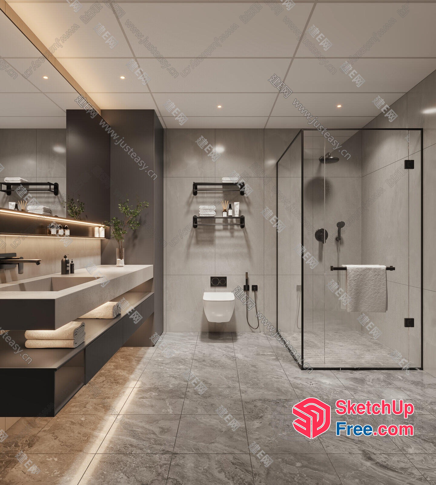 Modern Bathroom Interior With Grey And White Color Scheme 3D SketchUp File