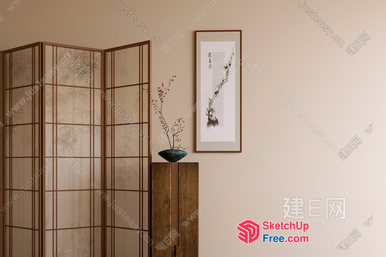 Japanese-Inspired Room Divider With Vase And Art 3D SketchUp File