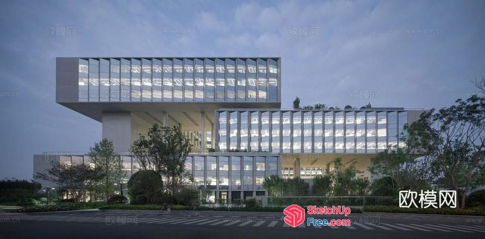 Modern Glass Building With Sleek Design And Greenery 3D SketchUp File