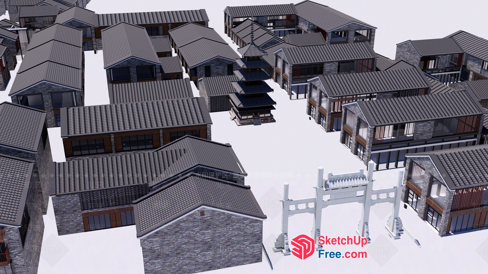 Traditional Japanese Architecture With Gray Roofs And Stone Walls 3D SketchUp File