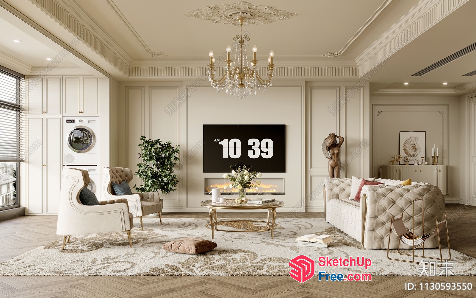 Elegant Living Room With Classic Moulding And Fireplace 3D SketchUp File