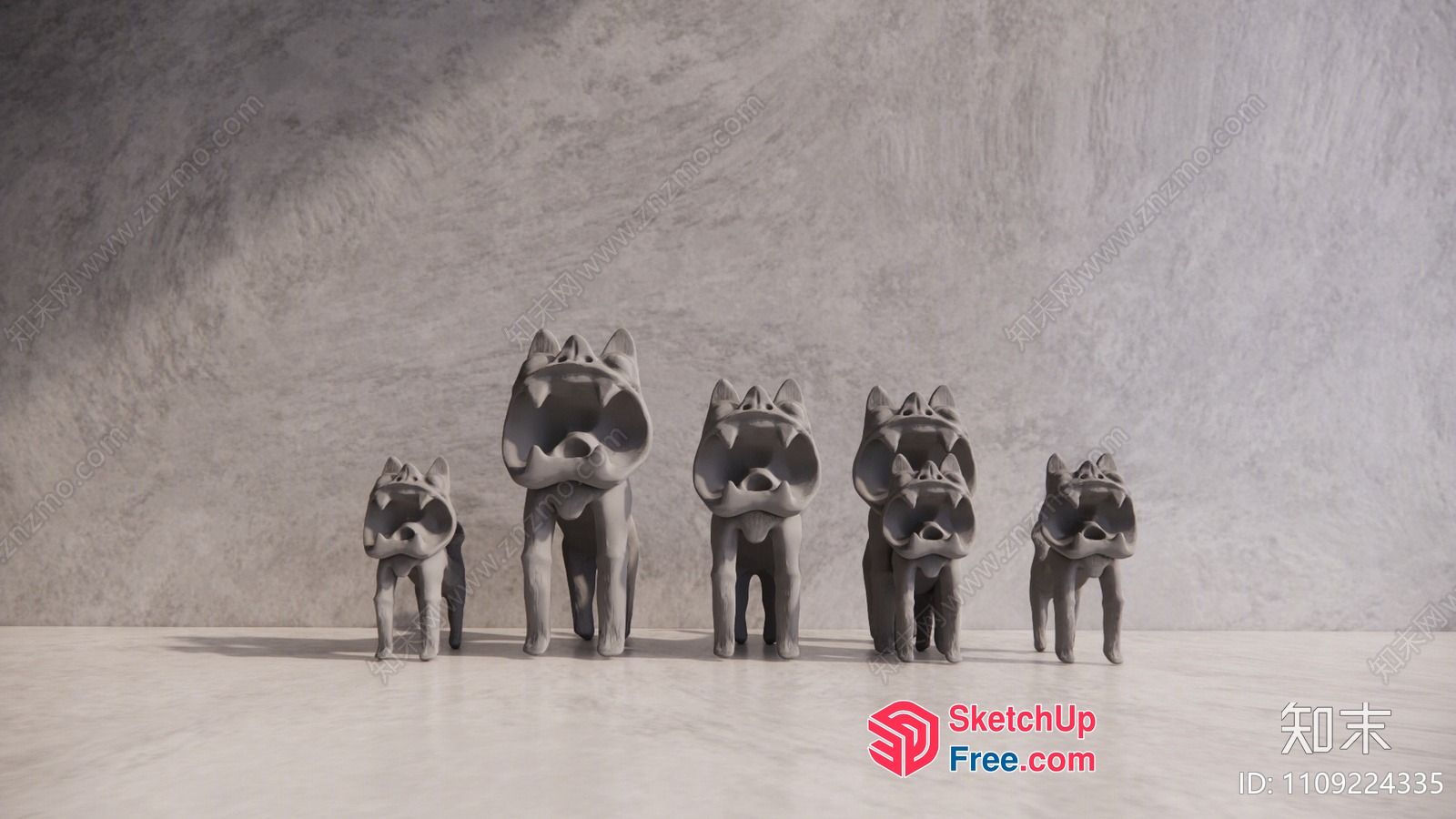 Six Grey Ceramic Cat Statues Standing In A Row 3D SketchUp File