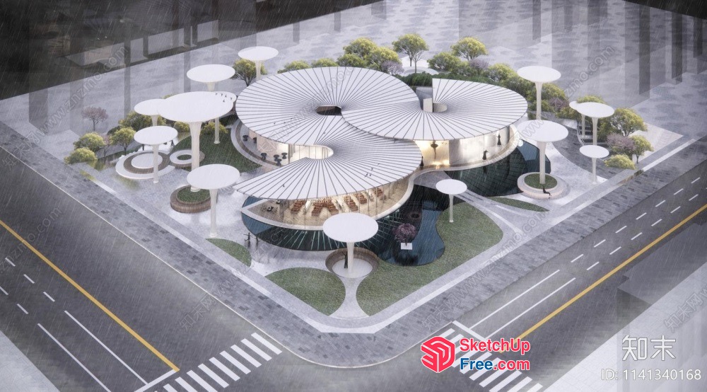 Modern Building With Unique Roof Design And Circular Architecture 3D SketchUp File