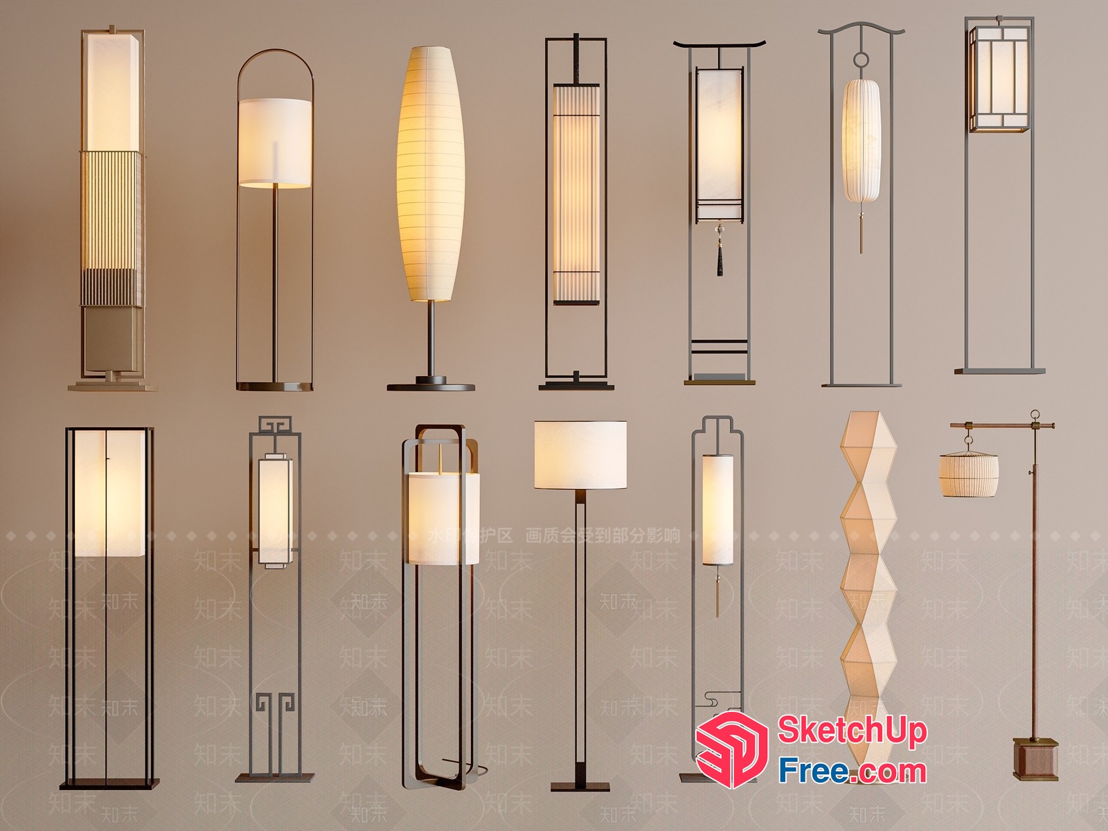 Japanese Style Floor Lamps With Elegant White Shades 3D SketchUp File