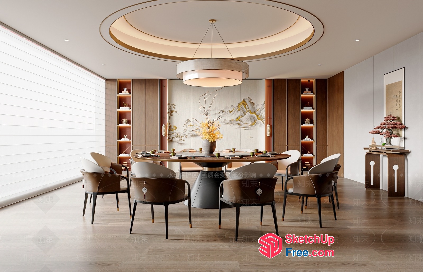 Elegant Modern Asian Dining Room With Circular Light Fixture 3D SketchUp File